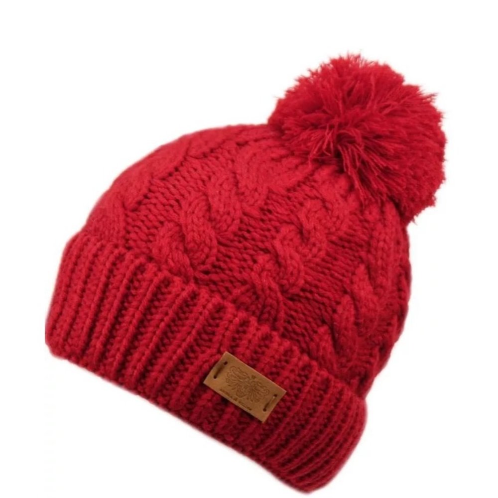 ANGELA & WILLIAM Cable Pom Beanie with Sherpa Lining - Red NWT